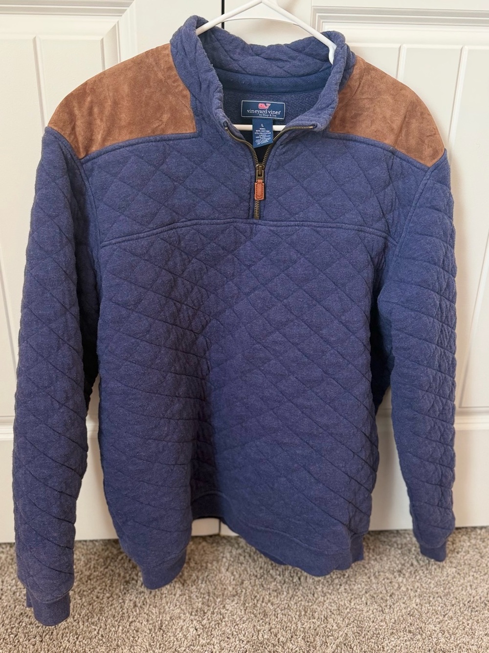 Vineyard Vines Navy Quilted Half-Zip with Brown Suede Shoulders
